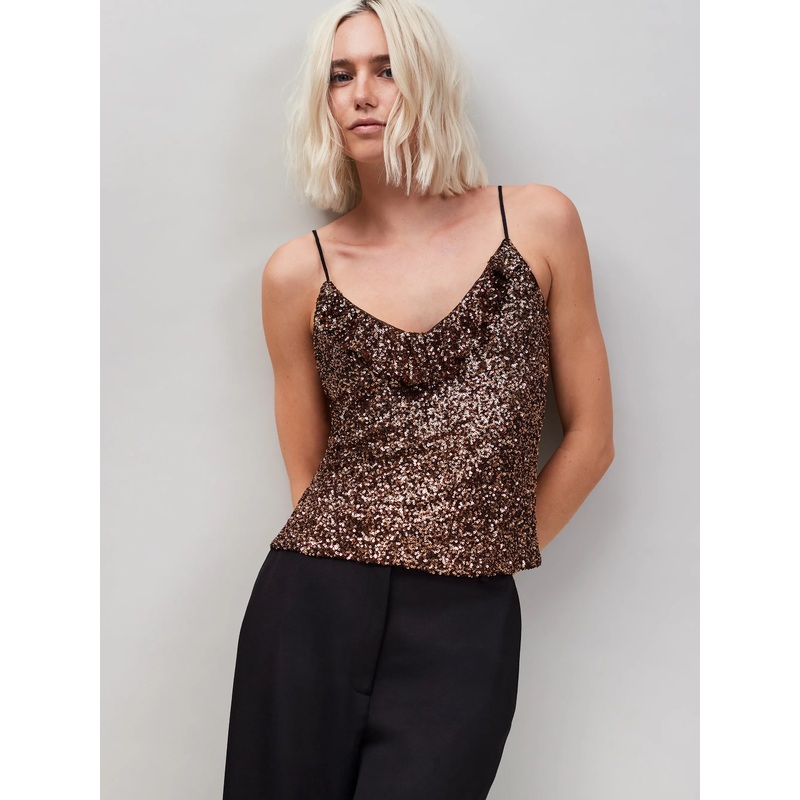 Brown Ruffle Neckline Sequin Cami Top