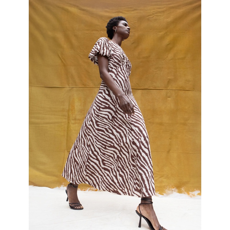 Brown Zebra Print Puff Sleeve Dress