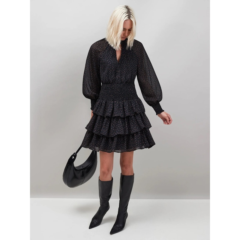 Caramel Dash Print Tiered Mini Dress