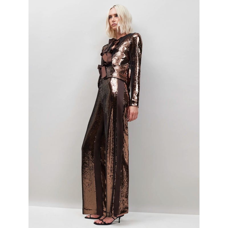 Chocolate Brown Sequinned Satin-Stripe Trousers