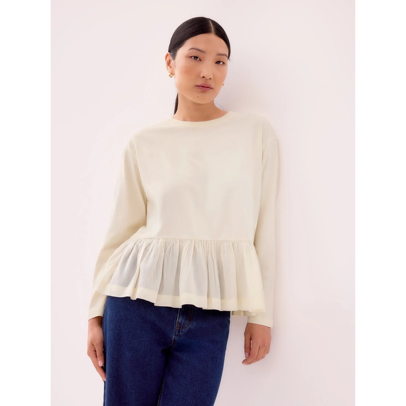Cream Peplum-Hem Long-Sleeved Organic Cotton T-Shirt