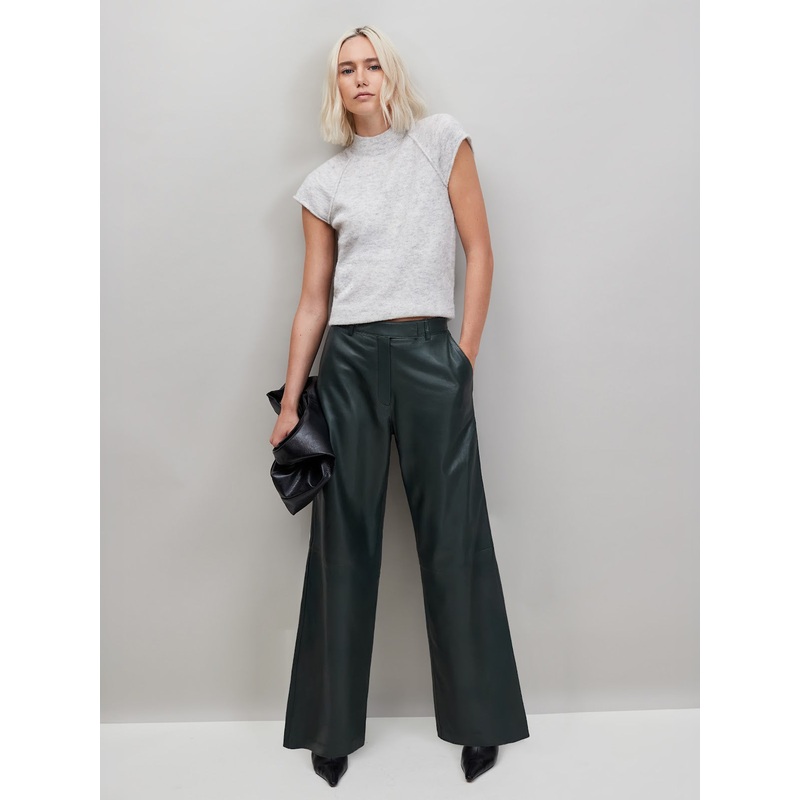 Dark-Green Leather Wide-Leg Trousers