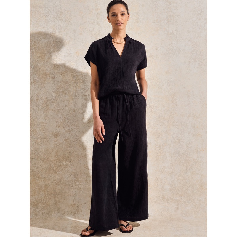 Petite Black Cheesecloth Wide-Leg Trousers