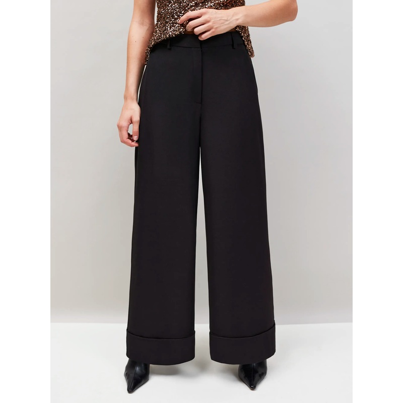 Petite Black Turn Up Trousers-6 & 8 & 10 & 12 & 14 & 16-Black