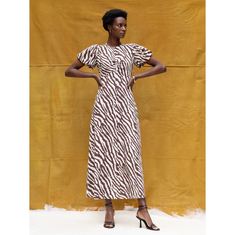 Petite Brown Zebra Print Puff Sleeve Dress