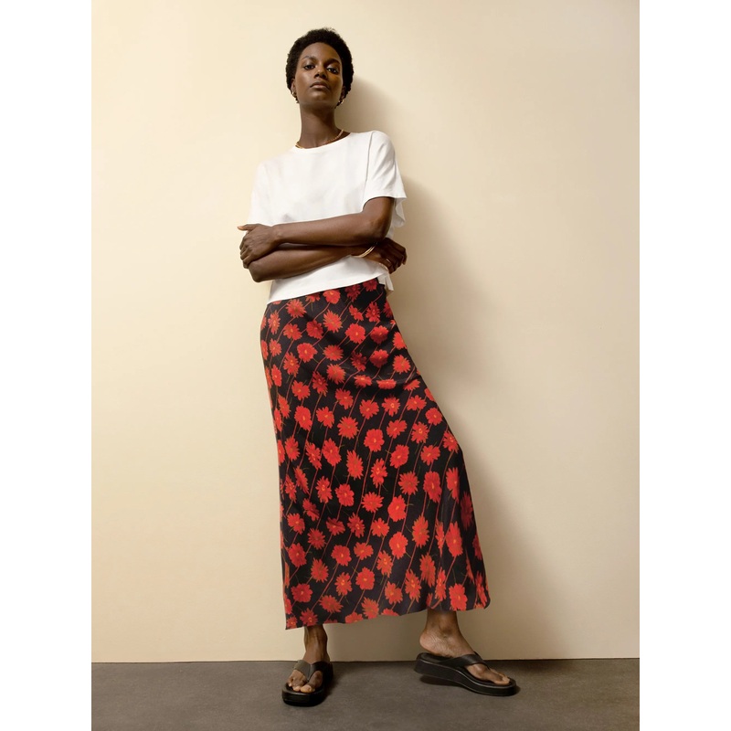 Petite Red Daisy-Print Striped Bias-Cut Skirt