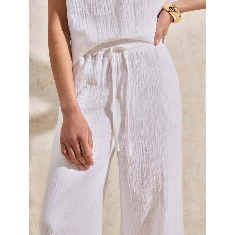 Petite White Cheesecloth Wide-Leg Trousers