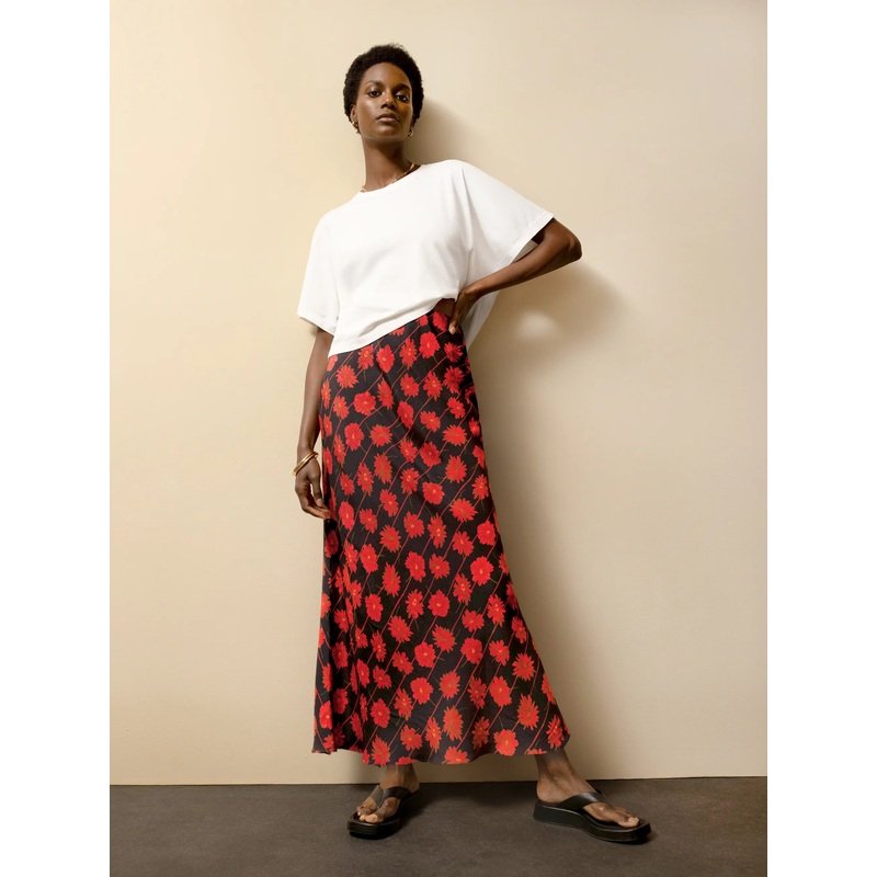 Red Daisy-Print Striped Bias-Cut Skirt