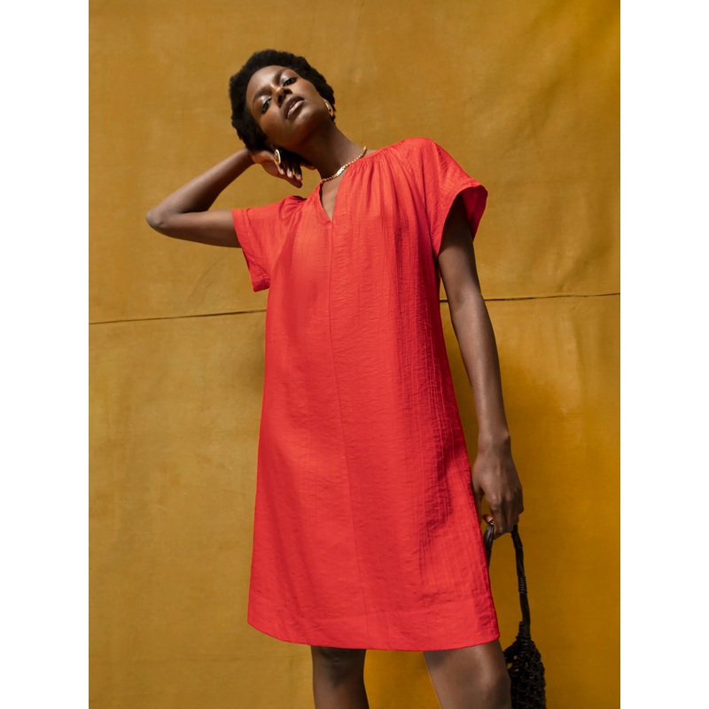 Red Gathered-Detail Short Dress