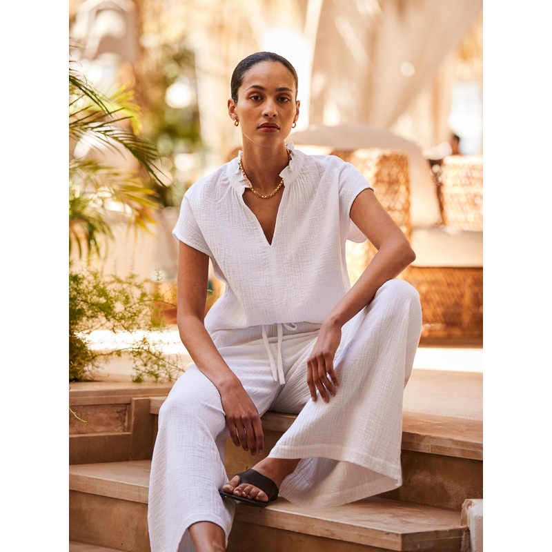 White Cheesecloth Wide-Leg Trousers