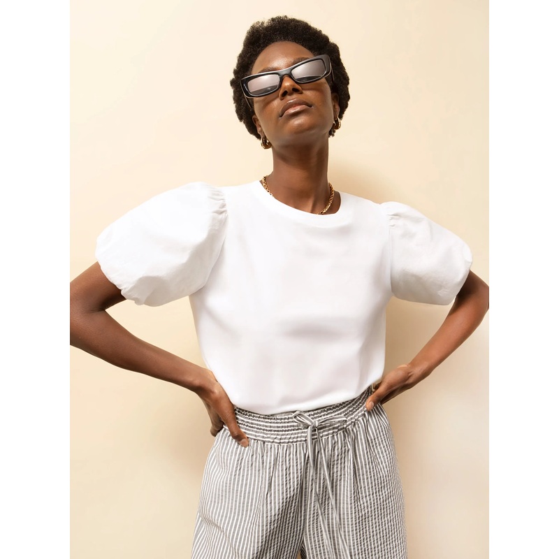 White Pure Cotton Puff-Sleeve T-Shirt
