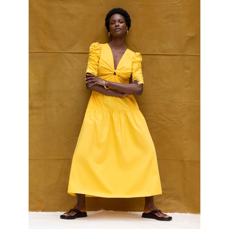 Yellow Cotton Poplin Twist Front Dress