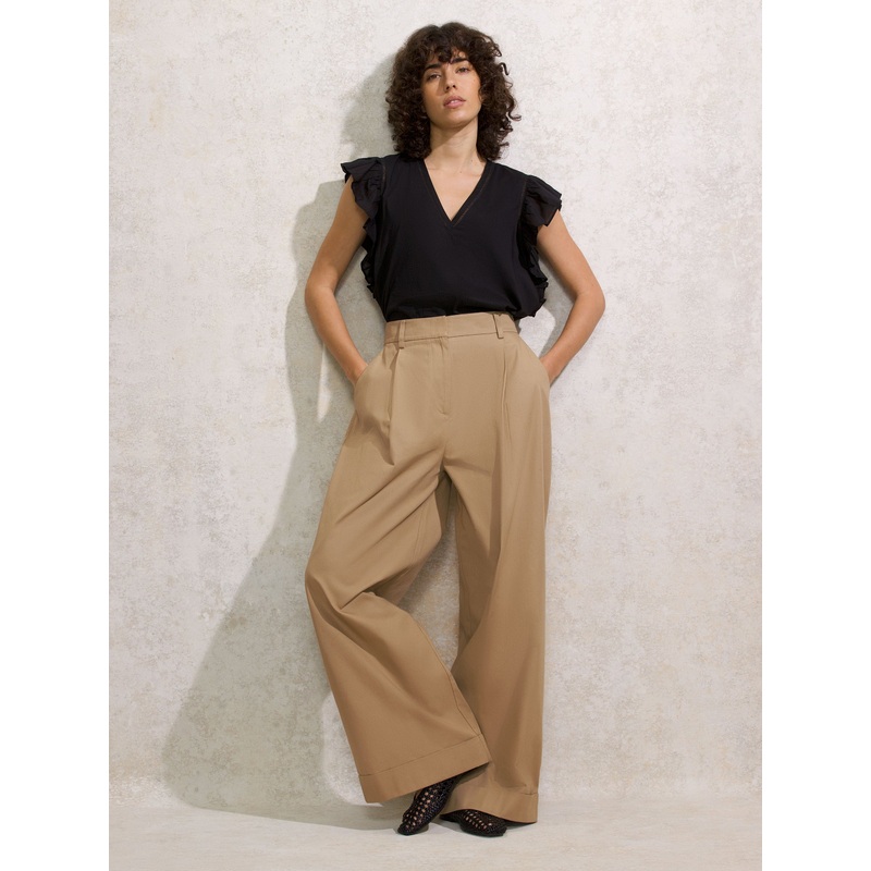 Beige High-Waist Turn-Up Cotton Trousers