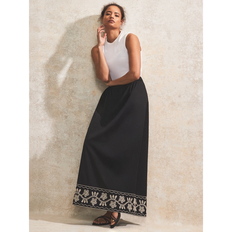 Black Embroidered Maxi Skirt-6 & 8 & 10 & 12 & 14 & 16 & 18-Black