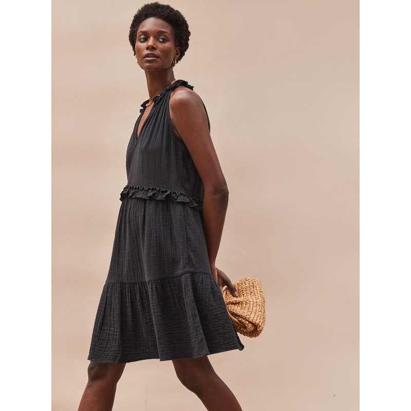 Black Frill-Detail Halterneck Cheesecloth Mini Dress