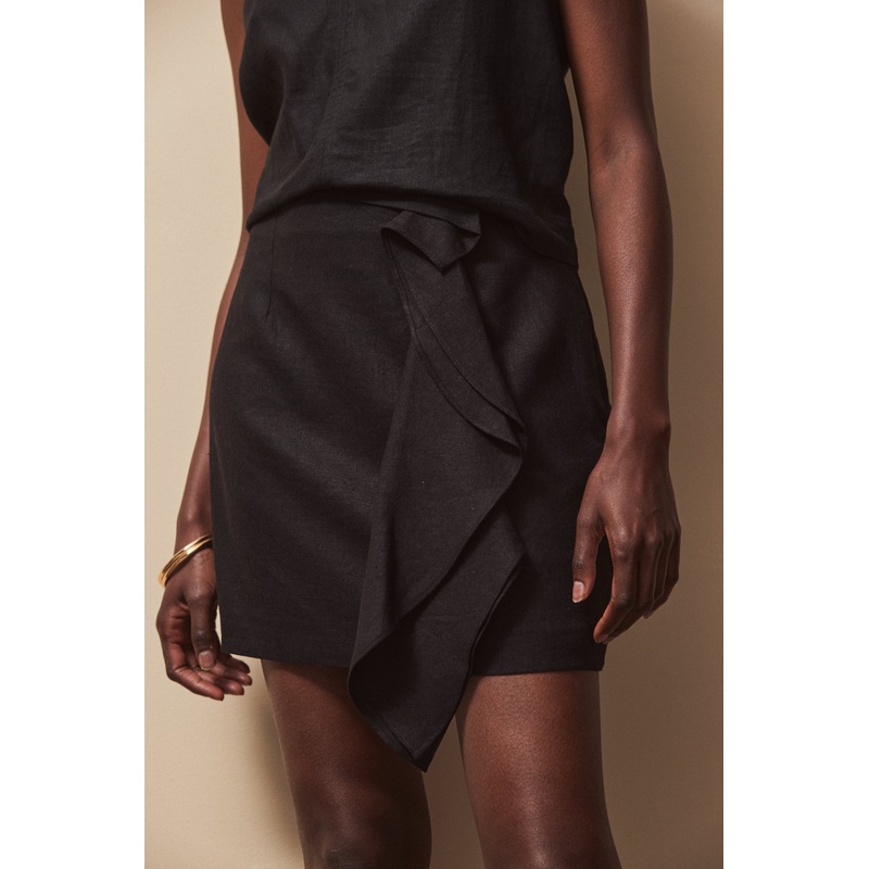 Black Frill Detail Linen Blend Skirt