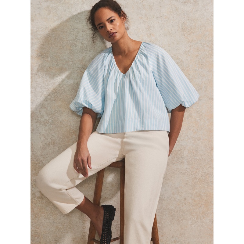 Blue Striped Gathered-Sleeve V-Neck Top