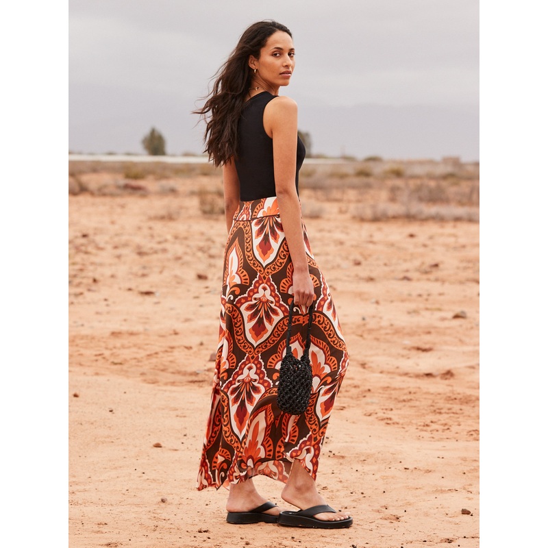 Brown Tile-Print Maxi Skirt-6 & 8 & 10 & 12 & 14 & 16 & 18-Brown