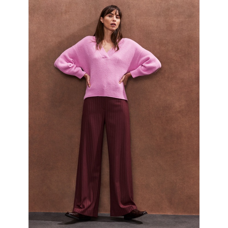 Burgundy Pinstripe Wide Leg Trousers