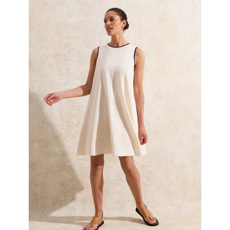 Cream Linen Blend Piping Detail Short Dress