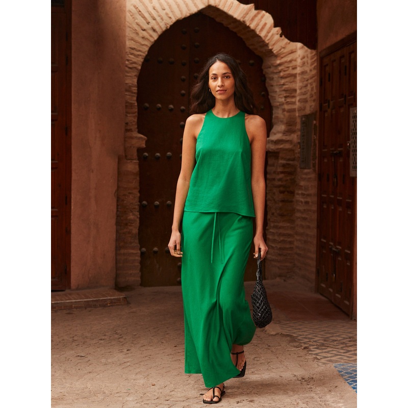 Green Linen-Blend Bias-Cut Maxi Skirt