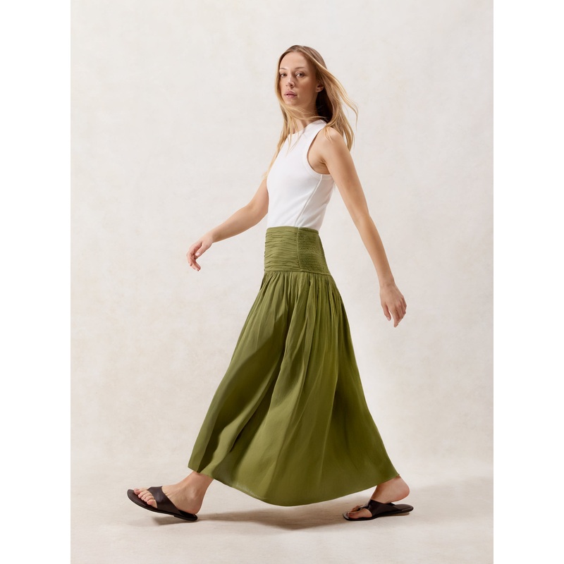 Khaki Ruched-Waist Cotton Maxi Skirt