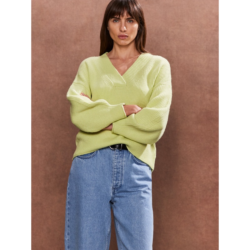 Lime V-Neck Rib-Knit Jumper-XS & S & M & L-Green