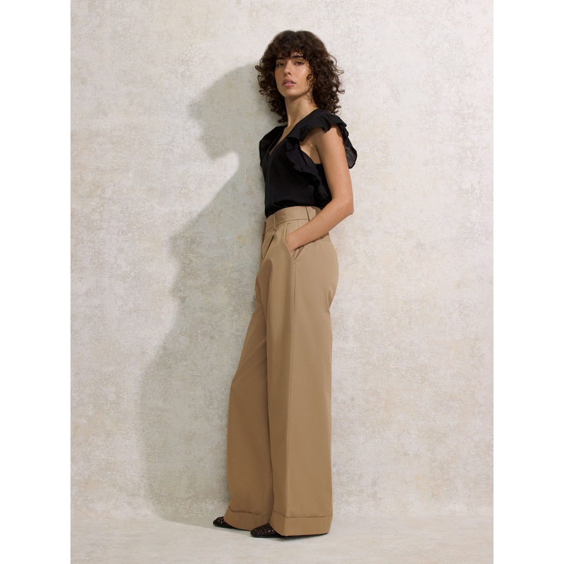 Petite Beige High-Waist Turn-Up Cotton Trousers