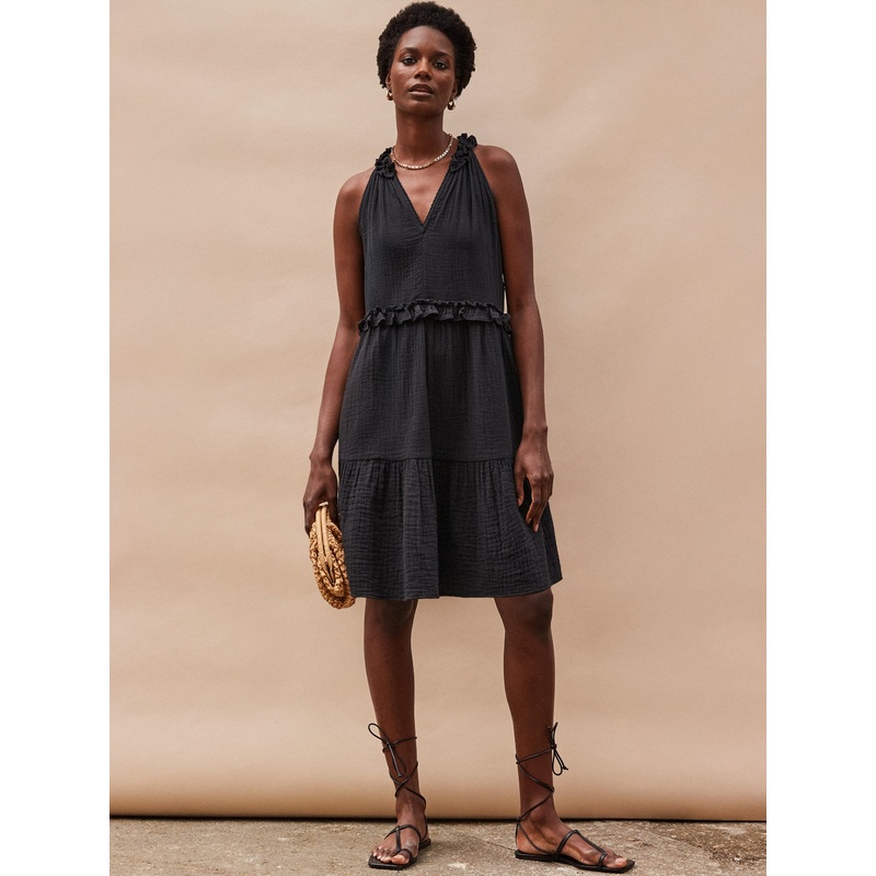 Petite Black Frill-Detail Halterneck Cheesecloth Mini Dress