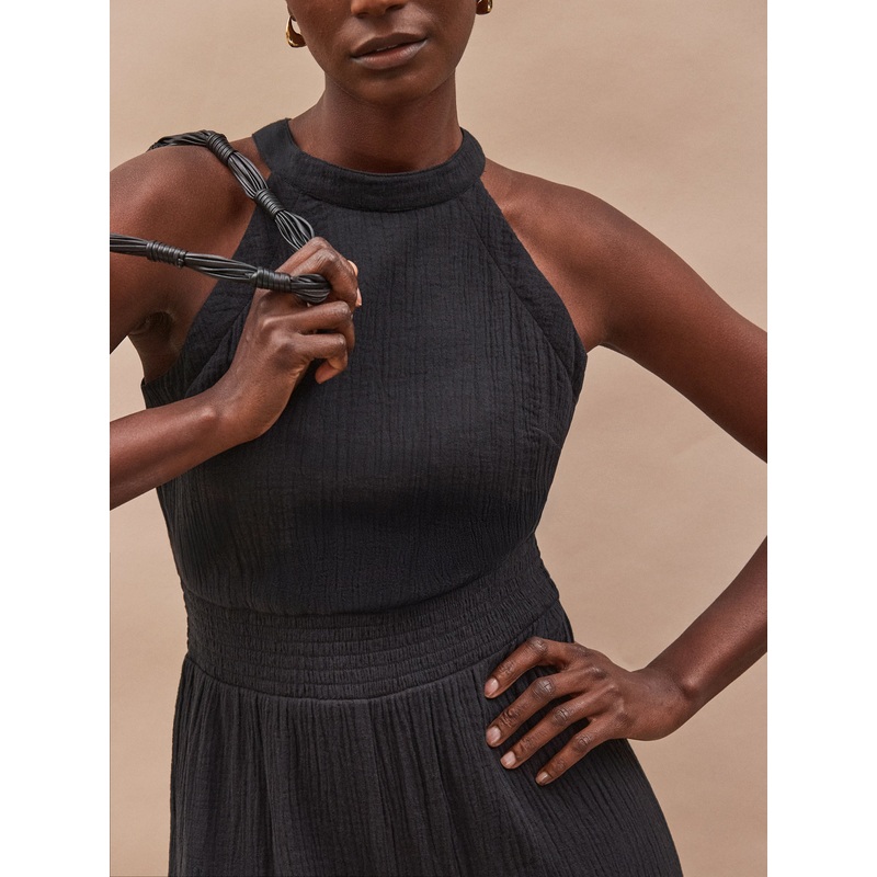 Petite Black Shirred Waist Cheesecloth Jumpsuit