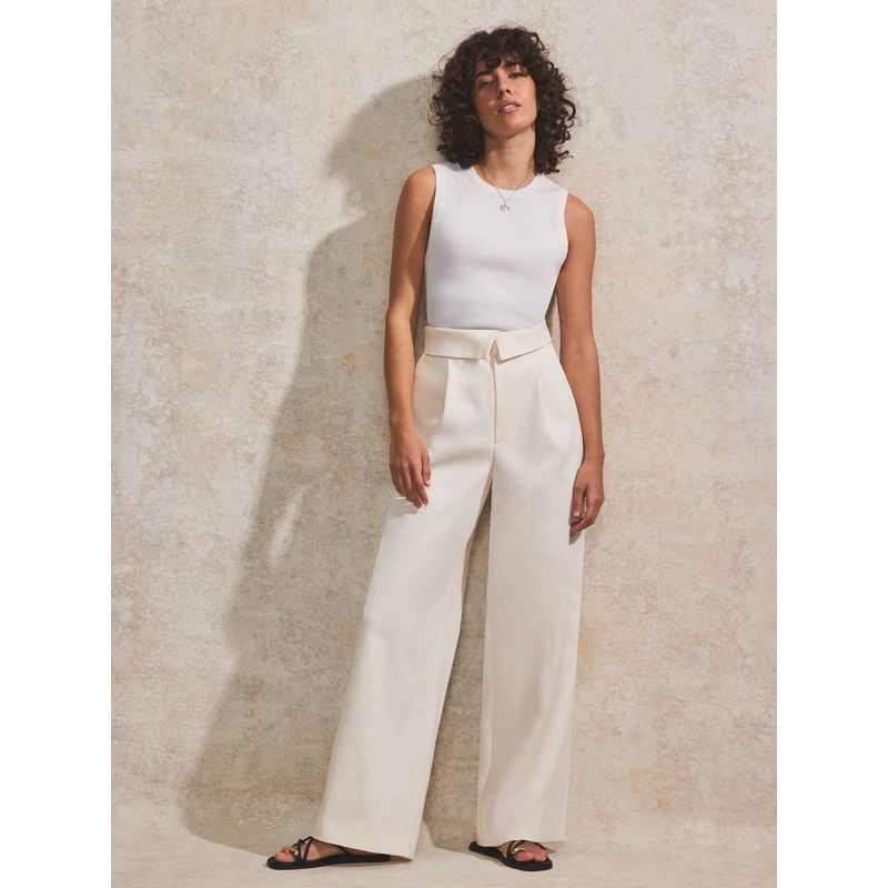 Petite Cream Folded-Waistband Trousers