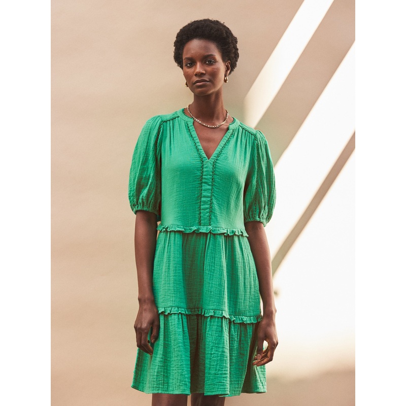 Petite Green Frill-Detail Cheesecloth Mini Dress