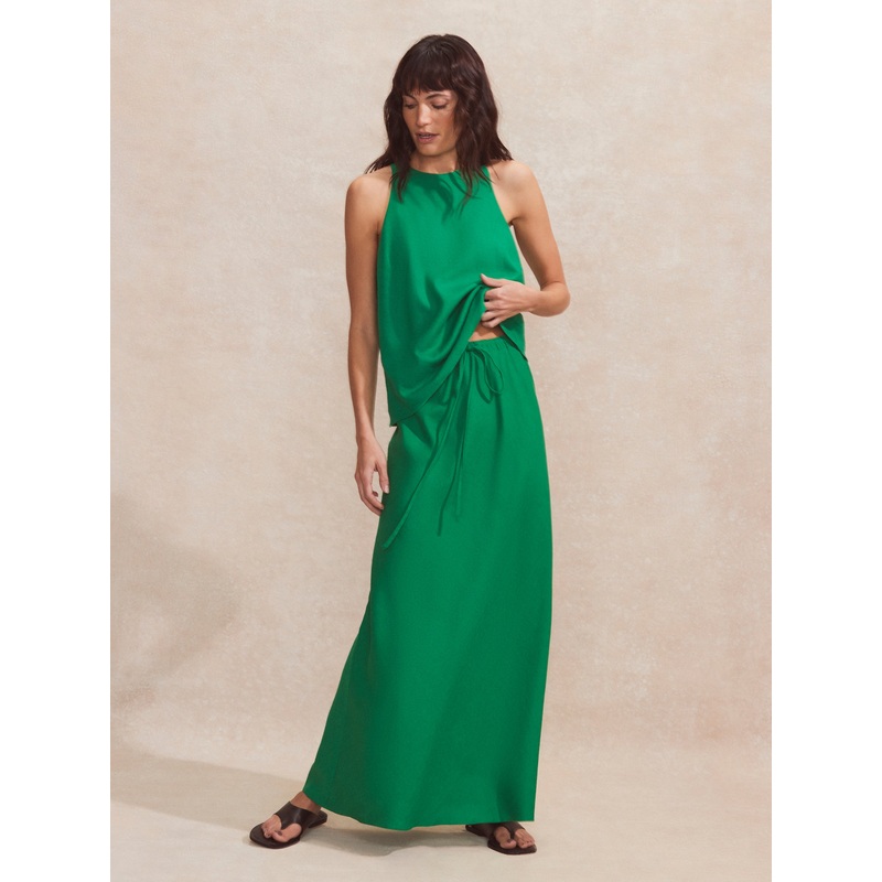 Petite Green Linen-Blend Bias-Cut Maxi Skirt