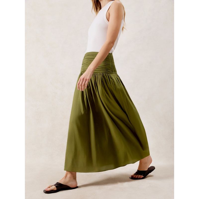 Petite Khaki Ruched-Waist Cotton Maxi Skirt