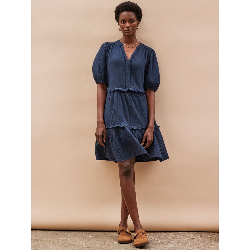 Petite Navy Frill-Detail Cheesecloth Mini Dress