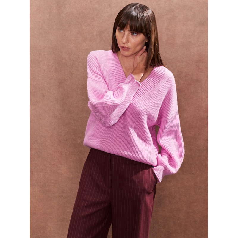 Pink V-Neck Rib-Knit Jumper-XS & S & M & L-Pink