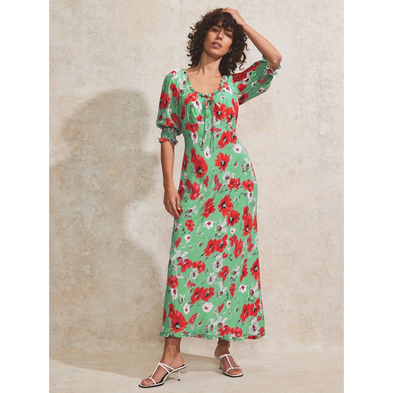 Red And Green Poppy-Print Tie-Detail Dress