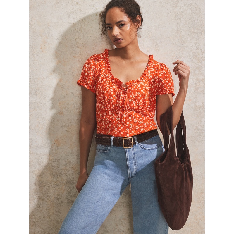 Red Ditsy-Print Puff-Sleeve Blouse