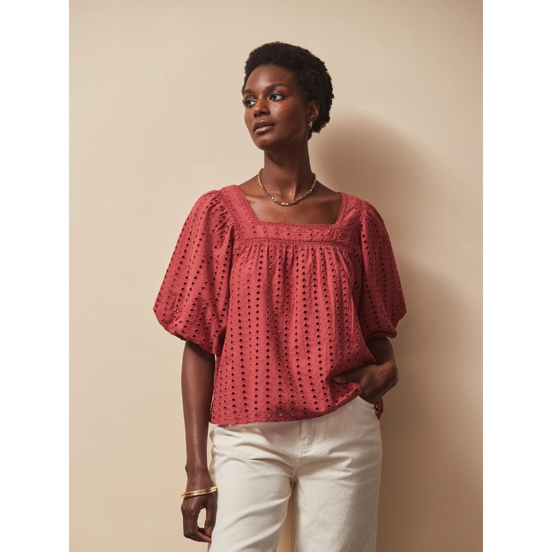 Rust Broderie Anglaise Cotton Smock Top