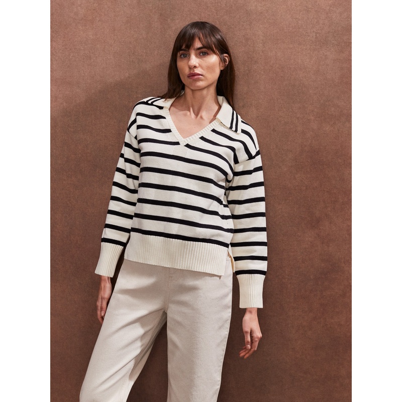 Striped V-Neck Cotton Blend Jumper