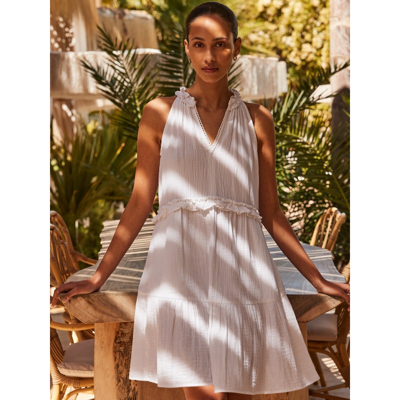 White Frill-Detail Halterneck Cheesecloth Mini Dress