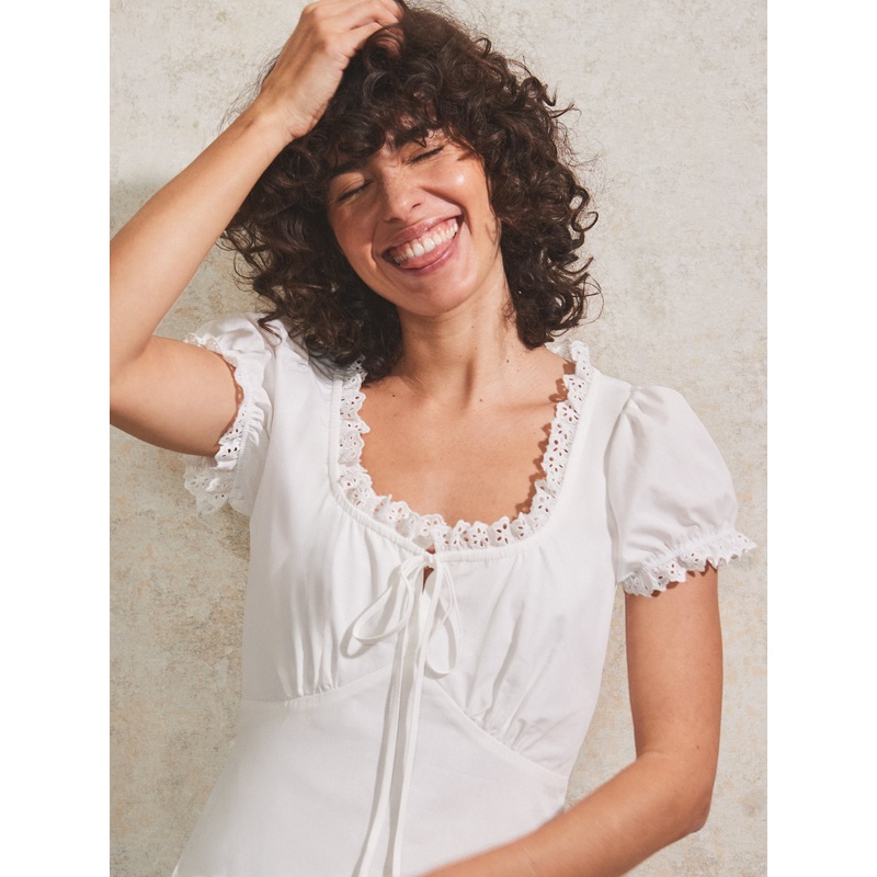 White Lace-Trim Puff-Sleeve Blouse