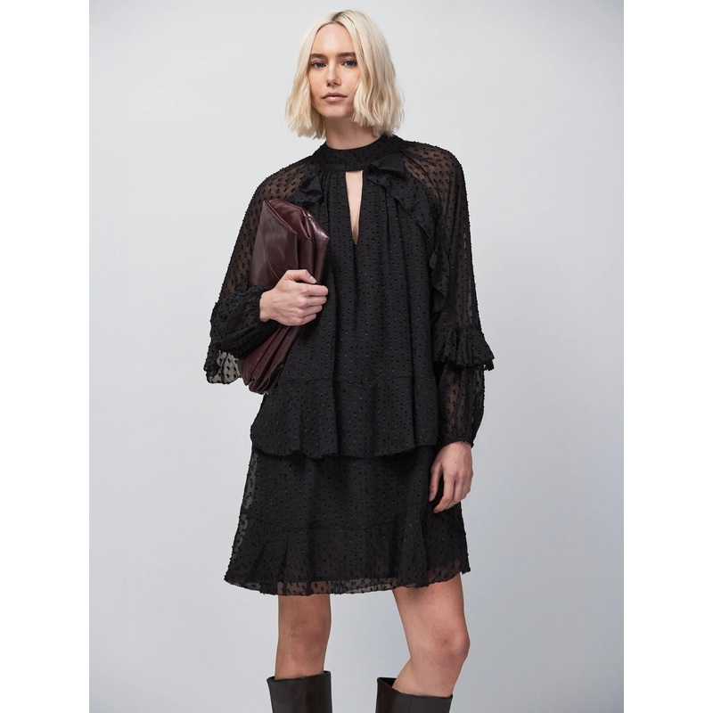 Black Dobby Ruffle Short Dress