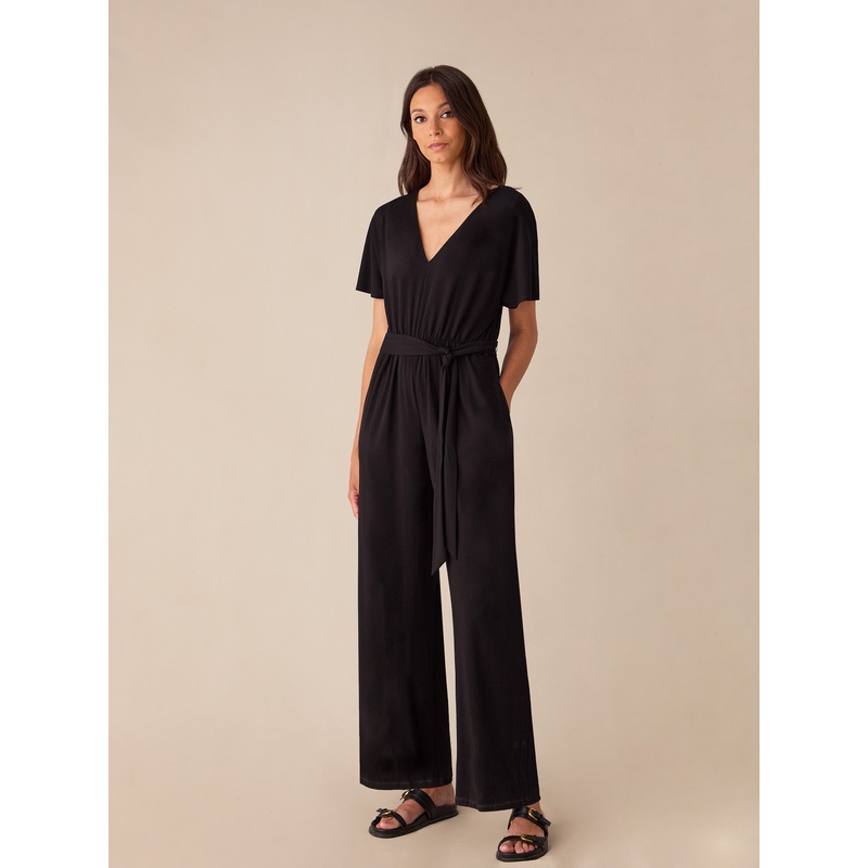 Black Jersey Tie Belt Jumpsuit