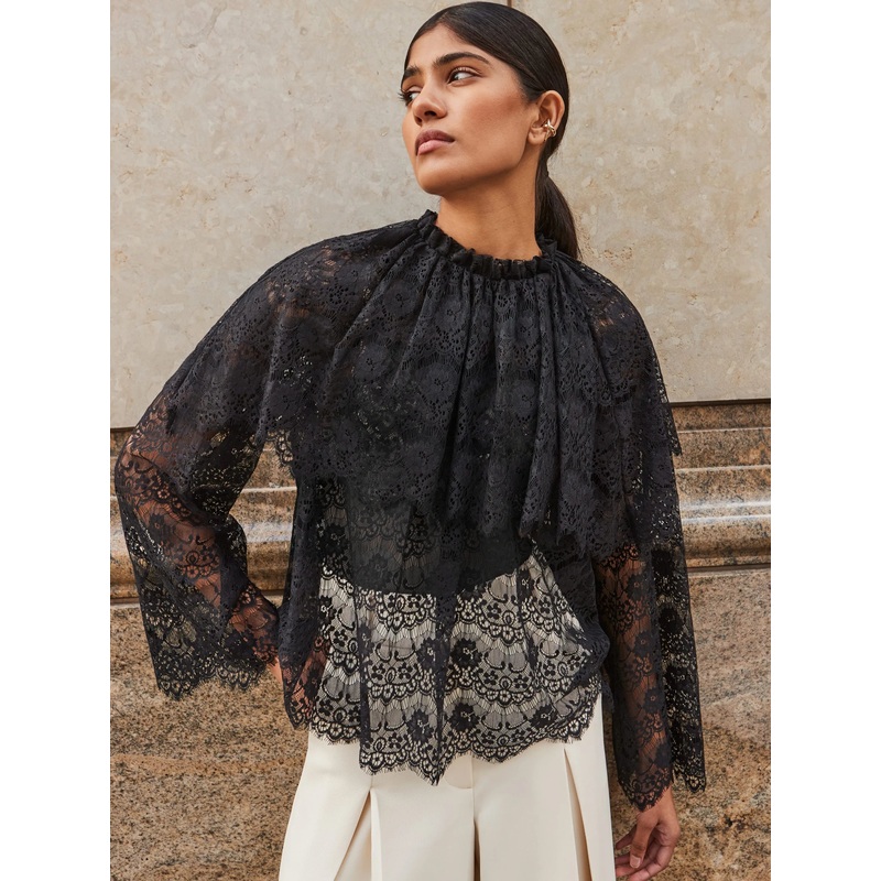Black Lace Overlay Blouse-6 & 8 & 10 & 12 & 14 & 16 & 18-Black