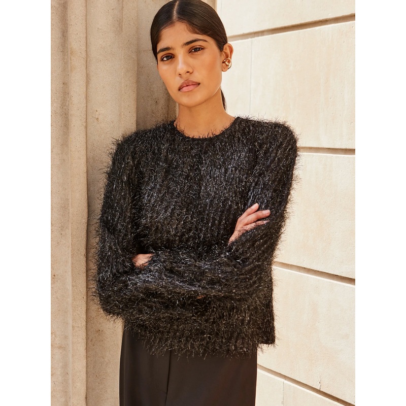 Black Tinsel Long-Sleeved Top-6 & 8 & 10 & 12 & 14 & 16 & 18-Black