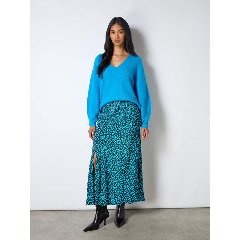 Blue Dash Print Contrast Panel Skirt