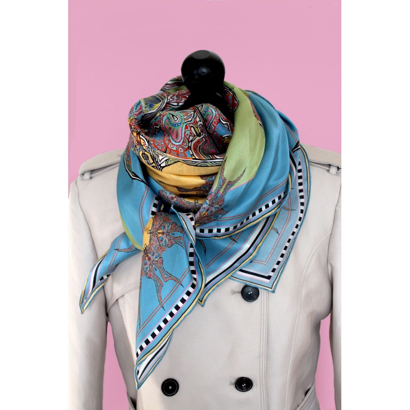 Blue/ Green Butterfly Circle, 100% Satin Silk, 110cm Square