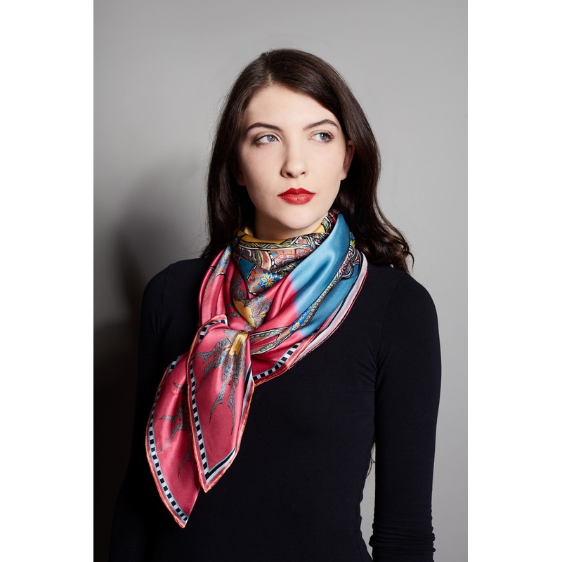 Blue/Pink, Butterfly Circle, 100% Satin Silk, 110cm Square