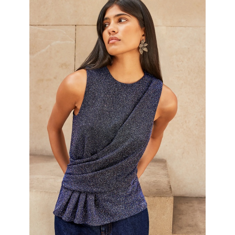 Blue Sparkle Drape-Front Top-6 & 8 & 10 & 12 & 14 & 16 & 18-Blue